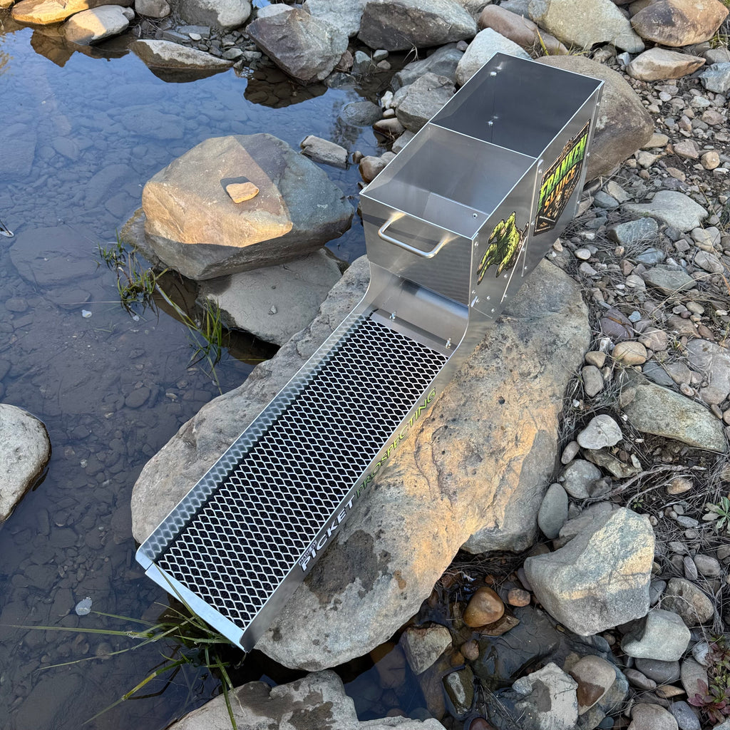Displaying the front side of an aluminium Franken Sluice, aluminium mesh in a creek setting.